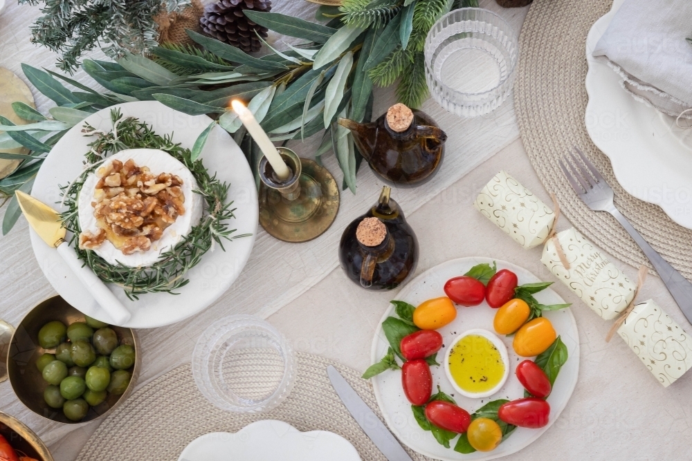 Top-down shot of table prepared for Christmas meal - Australian Stock Image