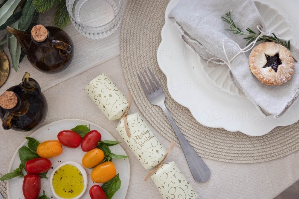 Top-down shot of table prepared for Christmas meal - Australian Stock Image