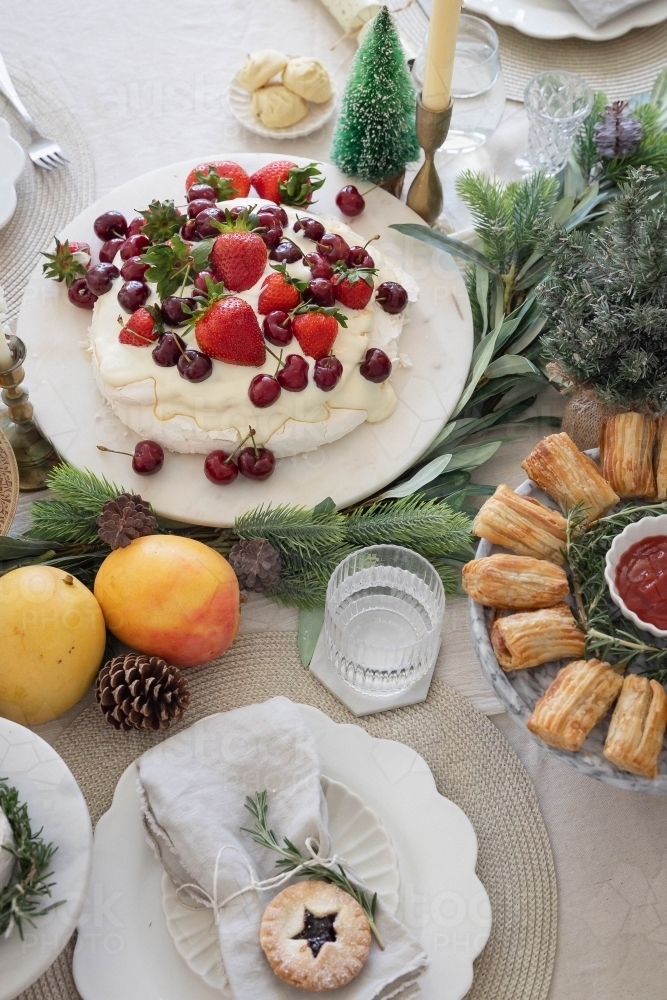 Top-down shot of table prepared for Christmas meal - Australian Stock Image