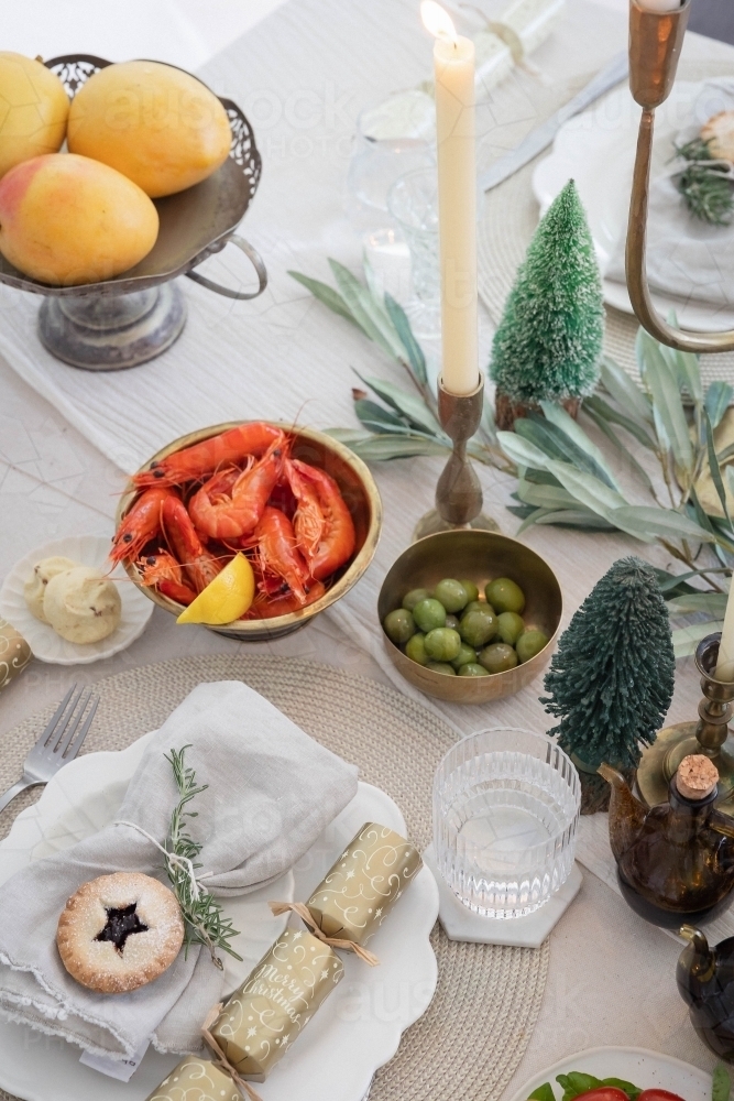Top-down shot of table prepared for Christmas meal - Australian Stock Image