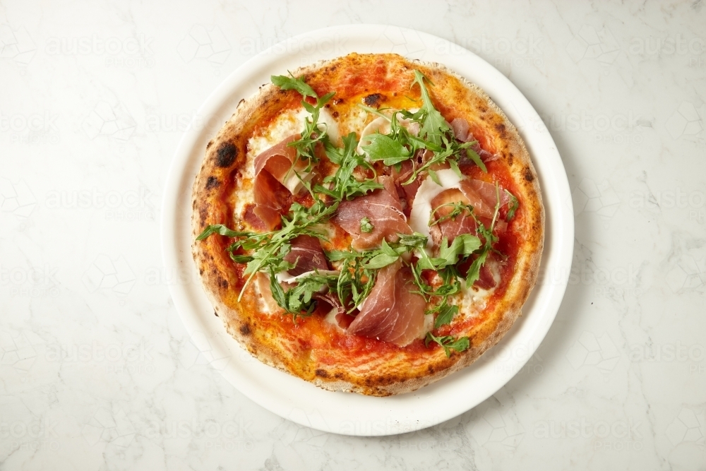 top shot of california style pizza - Australian Stock Image
