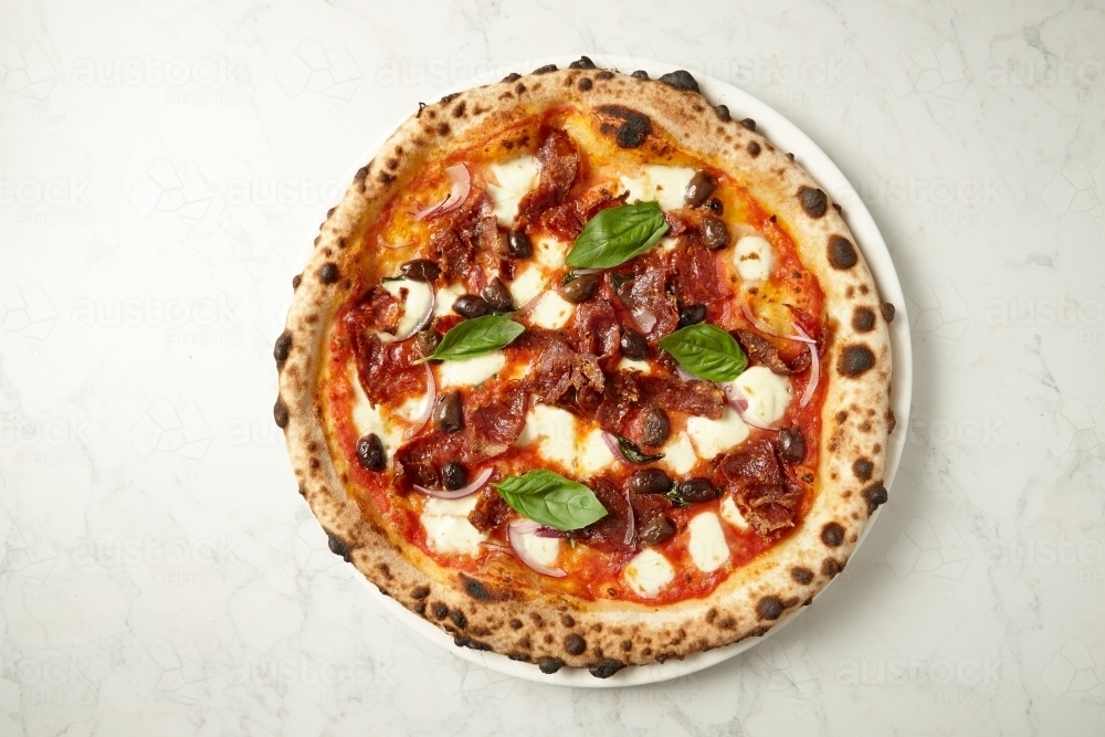 top shot of california style pizza - Australian Stock Image