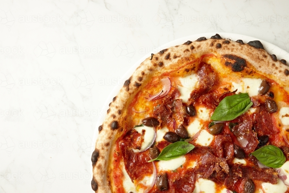 top shot of california style pizza - Australian Stock Image