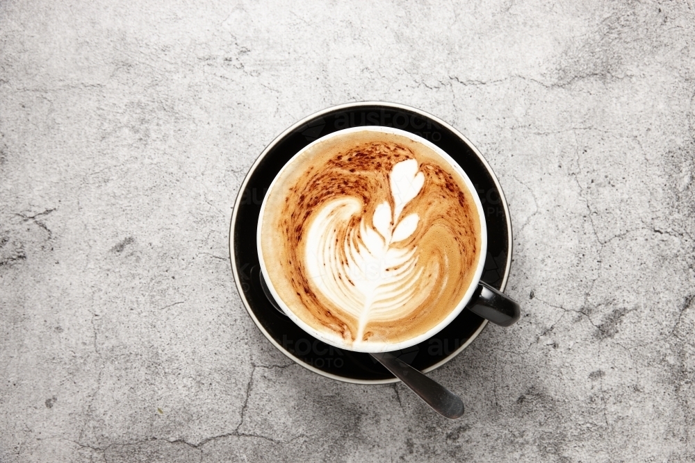 top shot of coffee latte with art - Australian Stock Image