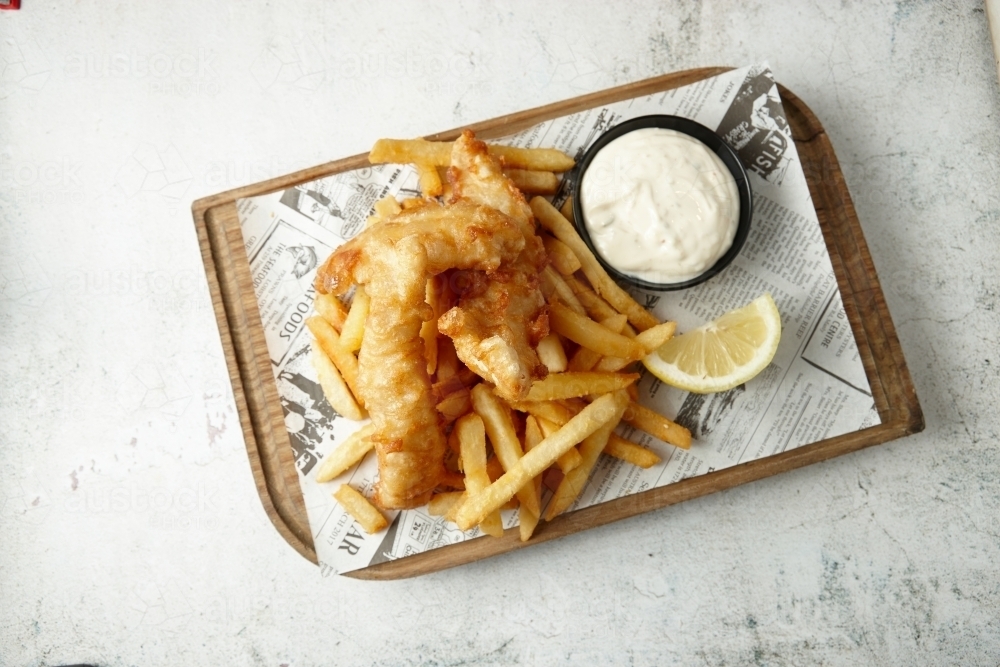 Top shot of fish and chips - Australian Stock Image