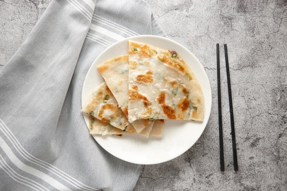 top shot of scallion pancake - Australian Stock Image