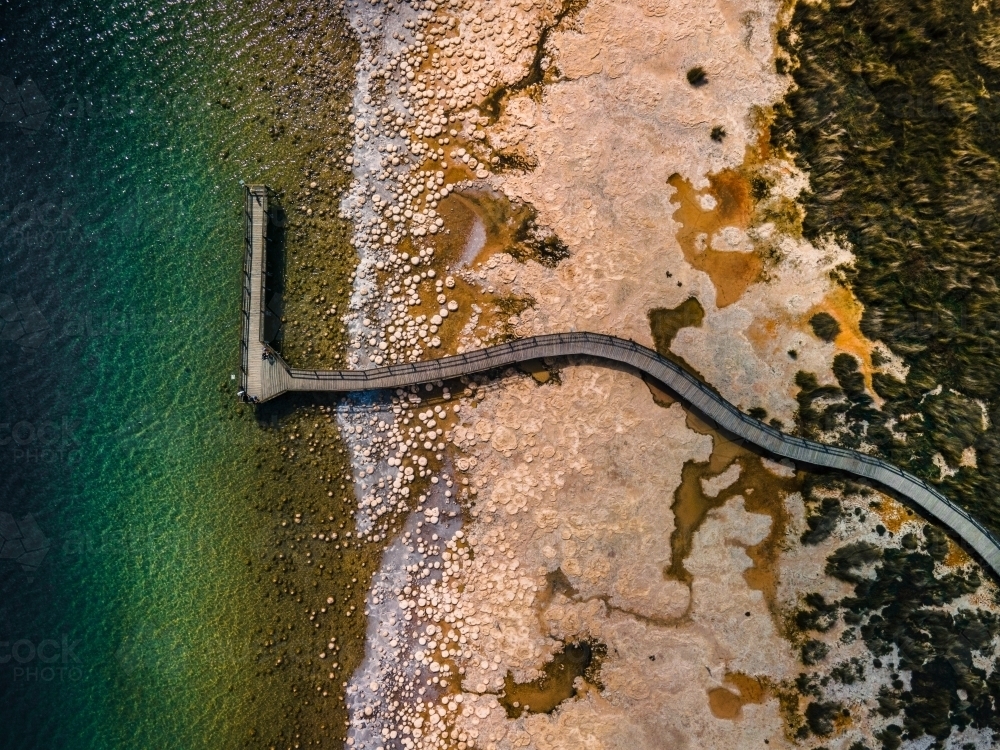 top view shot of a beach walkway with bushes, trees and waves on a sunny day - Australian Stock Image
