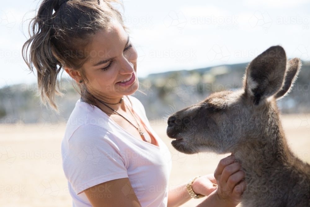 Tourist Patting a Kangaroo - Australian Stock Image