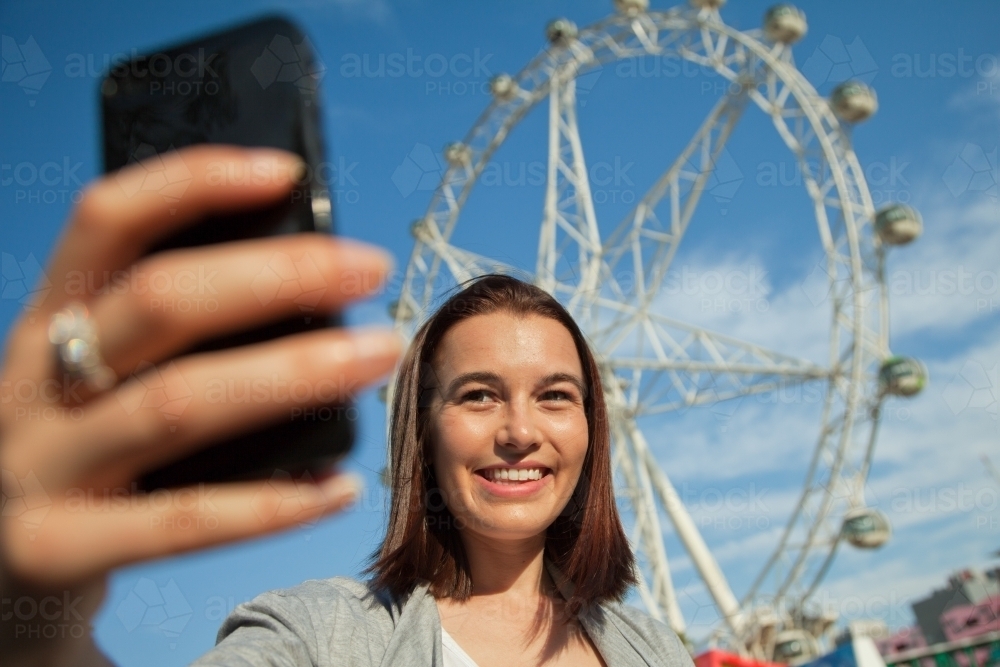 Tourist Taking a Selfie in Docklands - Australian Stock Image