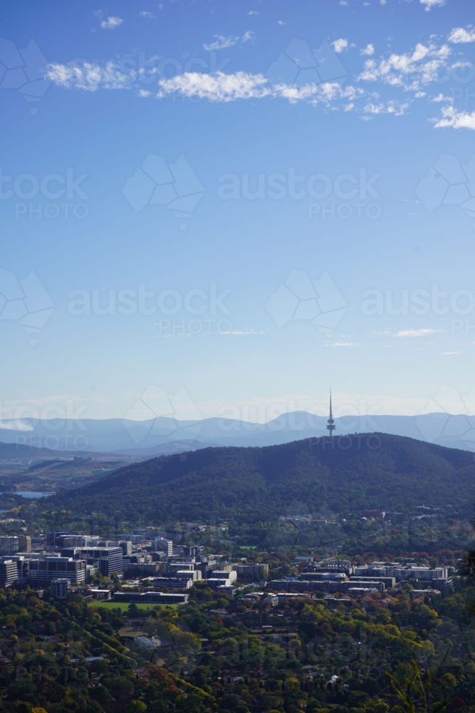 Tower in Canberra surrounded by mountains - Australian Stock Image