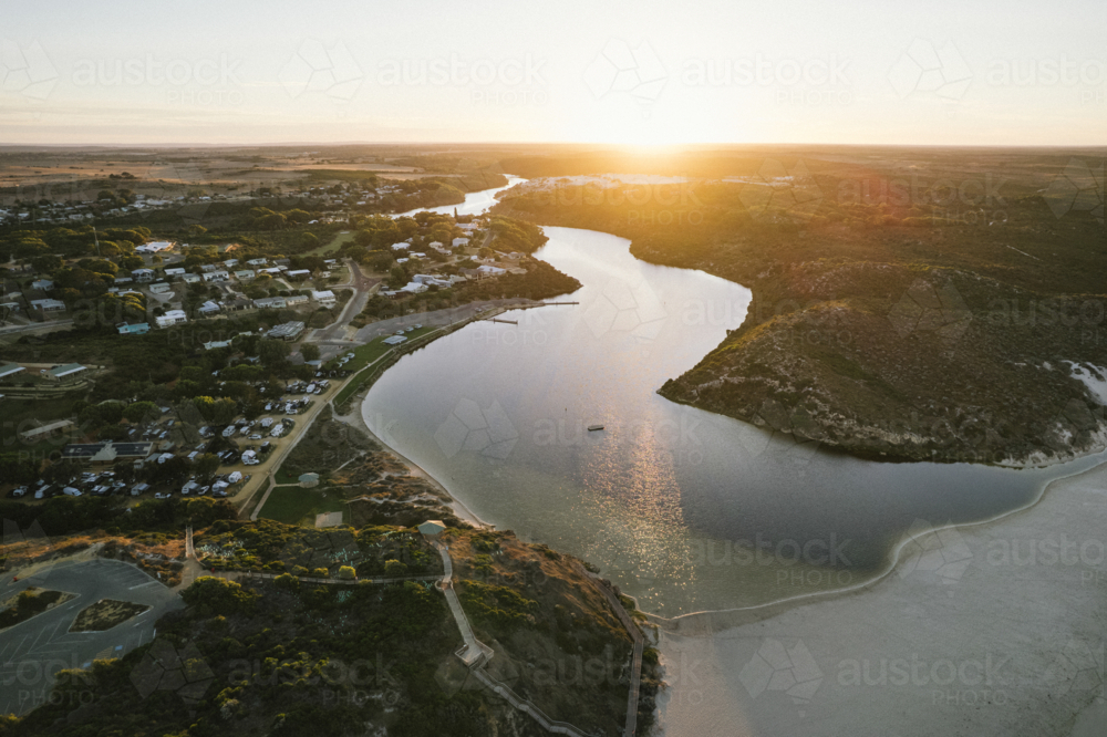 Town of Guilderton and Moore River at sunrise in Western Australia - Australian Stock Image