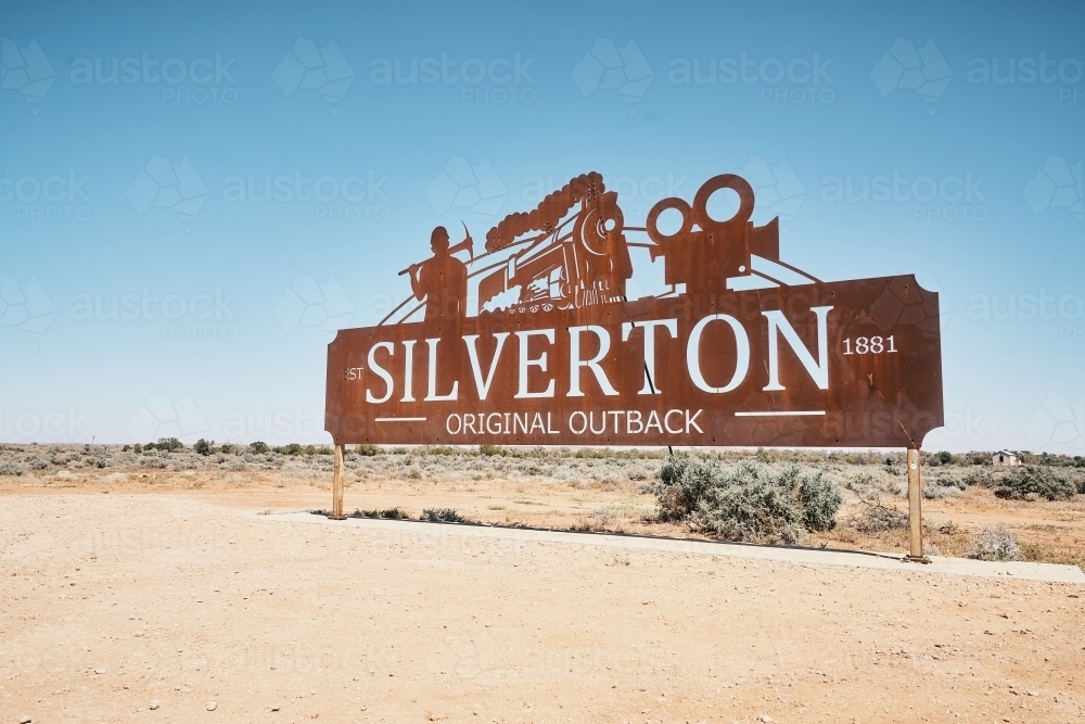 Town tourism sign on city limits into Silverton NSW - Australian Stock Image