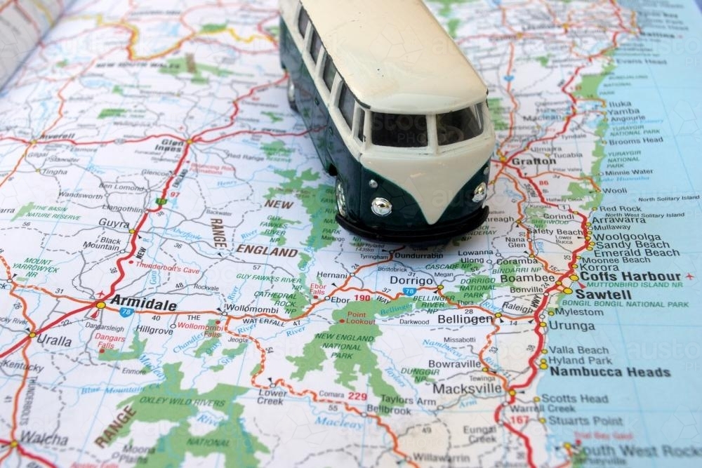 Toy Volkswagen campervan on a road map of Northern New South Wales - Australian Stock Image
