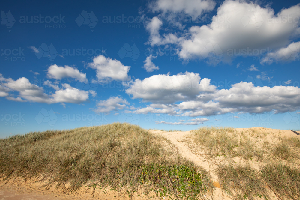 Track over sand dune leading to blue cloudy sky at Nobby's Beach, Newcastle - Australian Stock Image