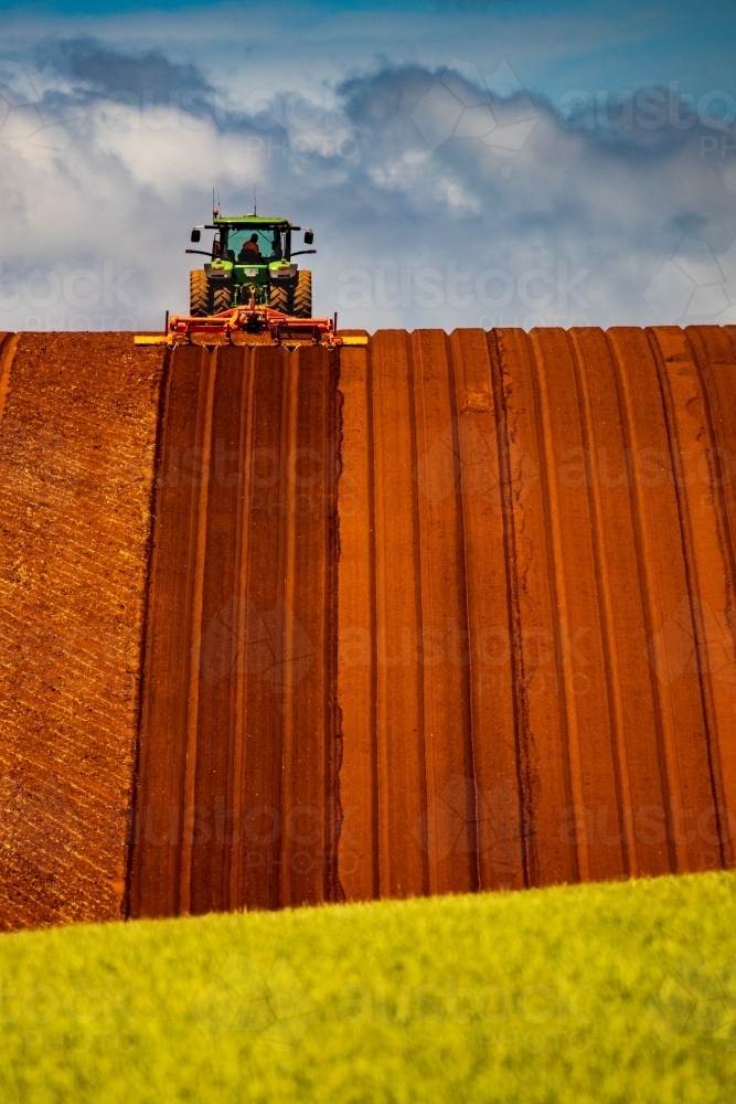 Tractor cultivating red soil in hilly paddock with green cereal crop in foreground vertical view - Australian Stock Image