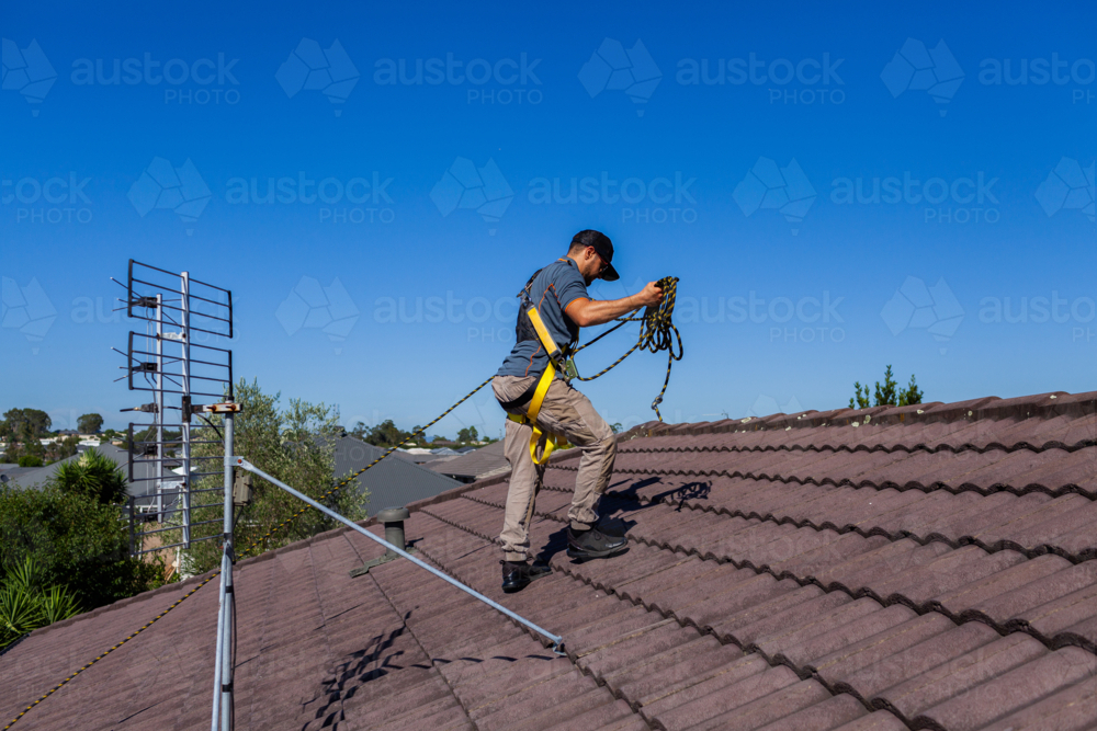 Image of Tradie climbing on roof of house in safety harness to secure ...