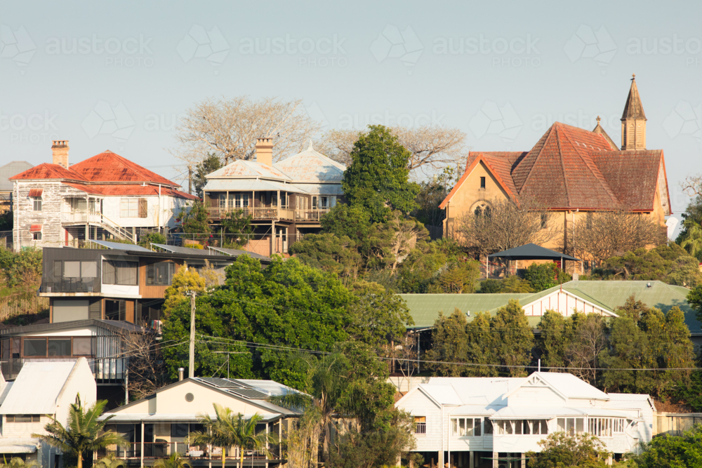 Traditional, old and modern houses on a steep sided slope in Red Hill, Brisbane - Australian Stock Image