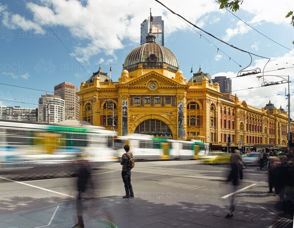 Traffic and pedestrians at Flinders Street Station - Australian Stock Image