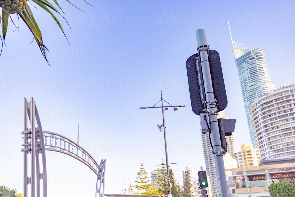 traffic light and Surfers Paradise sign at the beach access from Cavill Avenue on the Gold Coast - Australian Stock Image