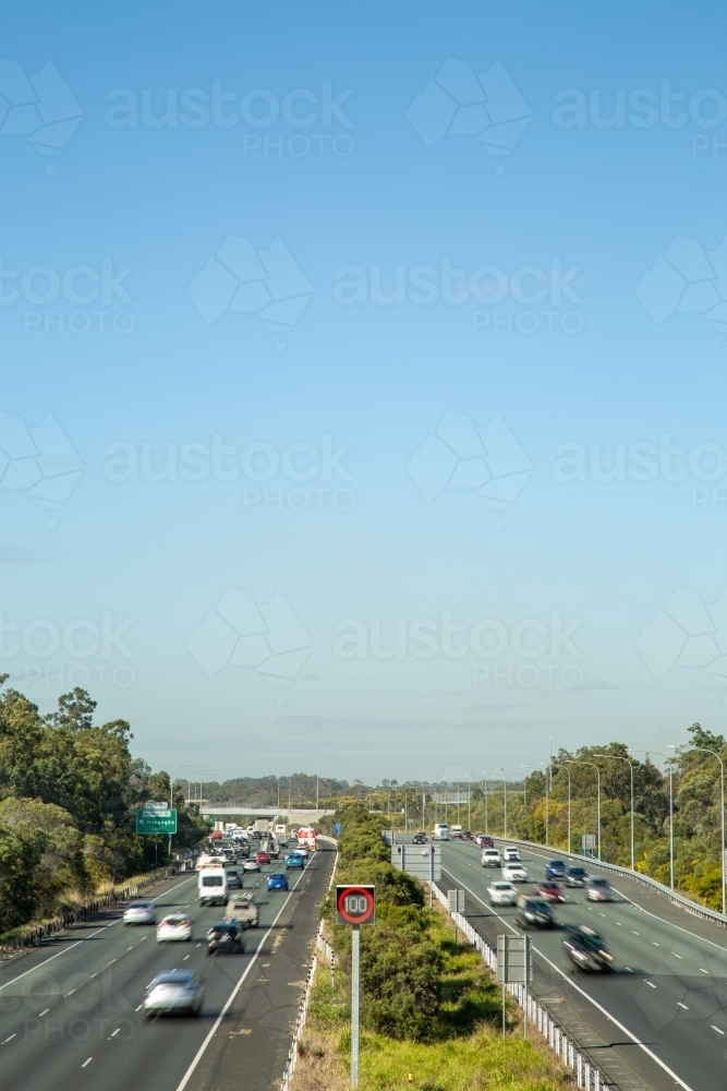 Traffic moving on M1 highway, north of Brisbane - Australian Stock Image