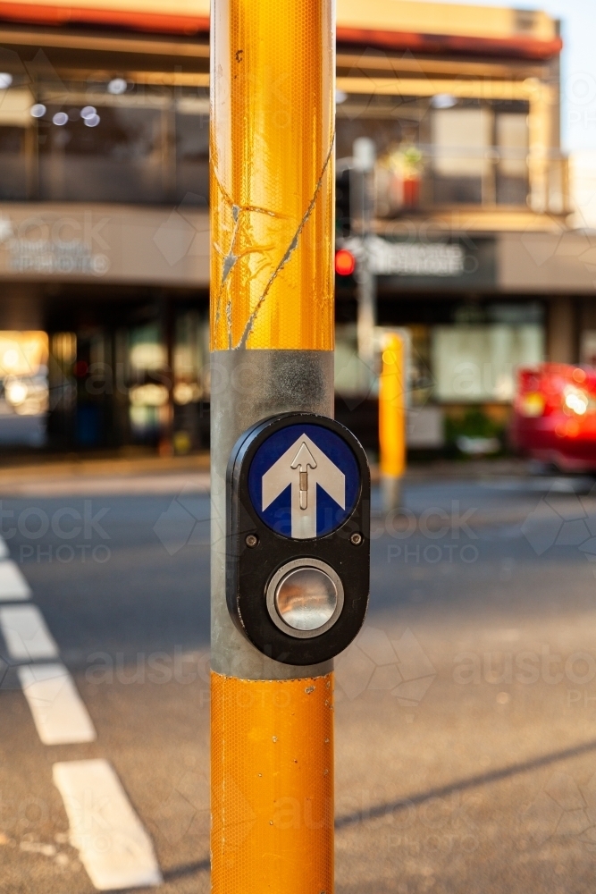 Traffic pedestrian crossing light button - Australian Stock Image