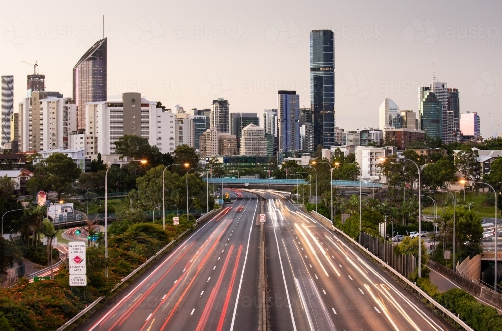 Traffic Streaks and Brisbane City at Sunset - Australian Stock Image