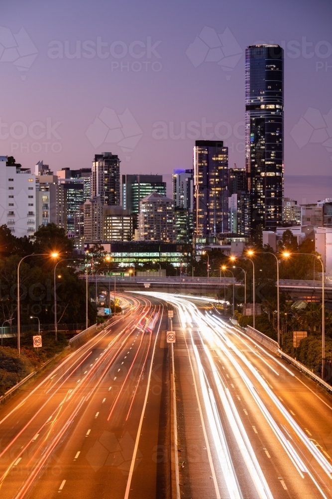 Traffic Streaks and Brisbane City at Sunset - Australian Stock Image