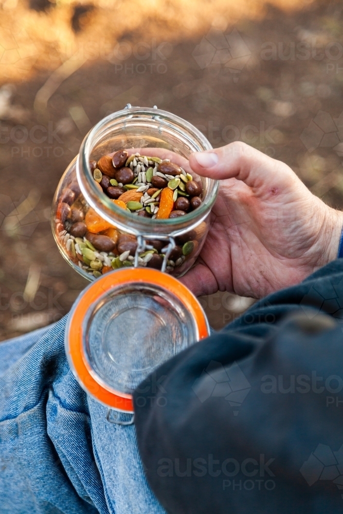 Trail mix snack in a jar at picnic - Australian Stock Image