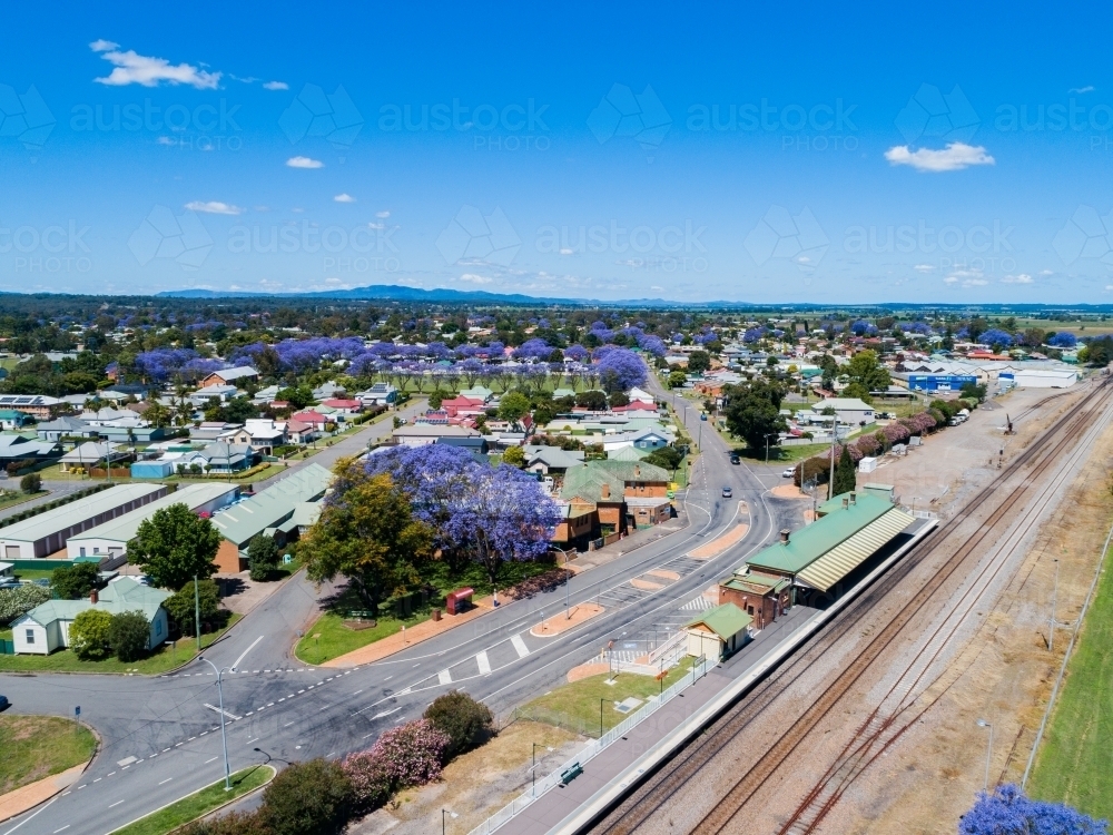 Train track and singleton train station in spring with flowering jacaranda trees - Australian Stock Image