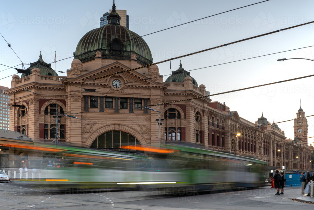 Tram at Flinders Street Station long exposure motion blur - Australian Stock Image