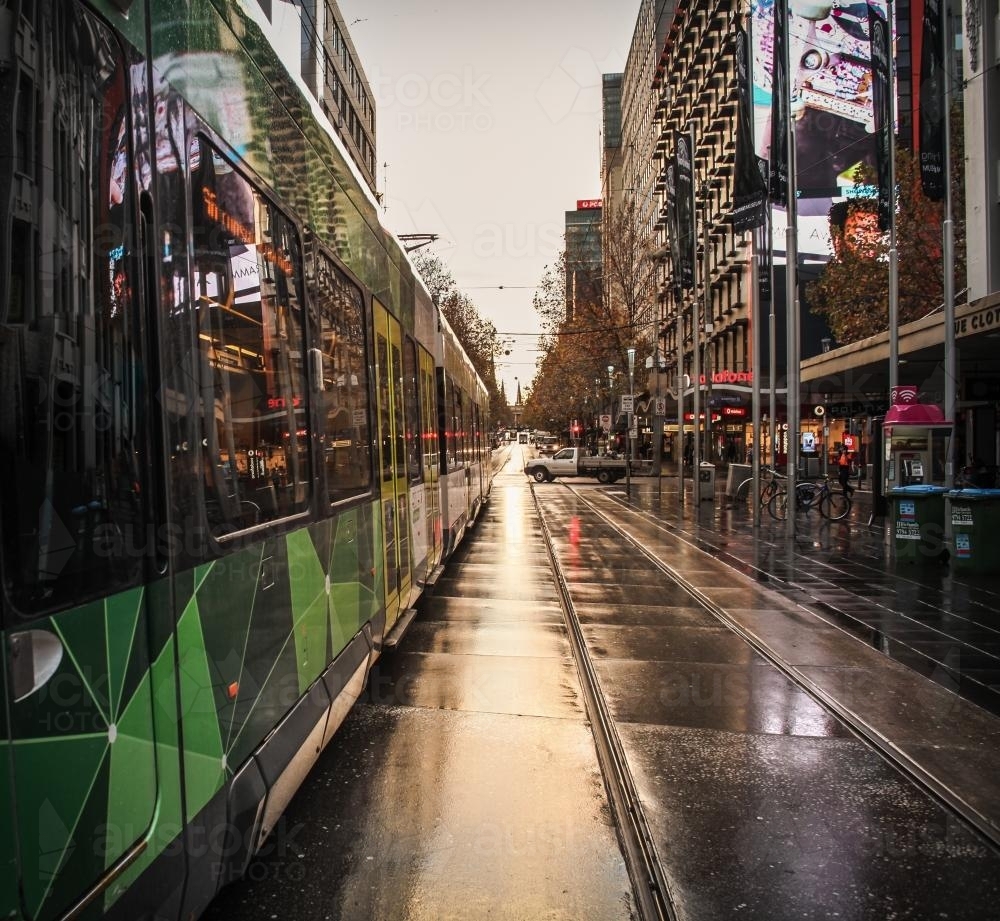 Tram on Bourke Street Mall in the morning - Melbourne CBD - Australian Stock Image