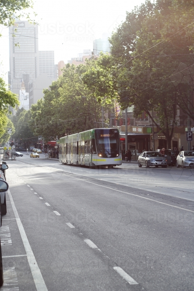 Tram running along a Melbourne street - Australian Stock Image