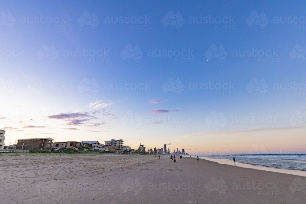 Tranquil beach afternoon with view of the Gold Coast city skyline - Australian Stock Image