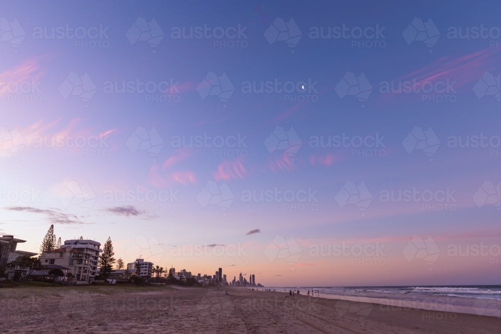 Tranquil beach afternoon with view of the Gold Coast city skyline - Australian Stock Image