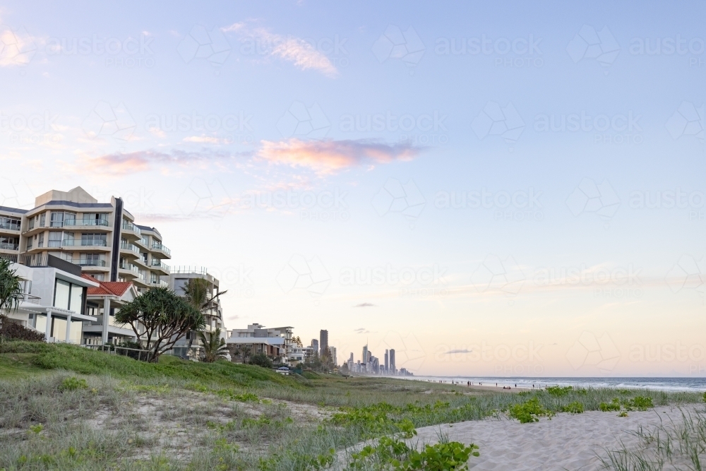 Tranquil beach afternoon with view of the Gold Coast city skyline - Australian Stock Image