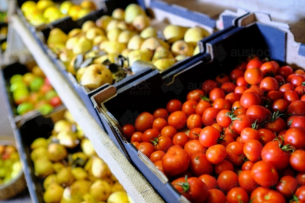 Trays of fruit in organic farm shop - Australian Stock Image