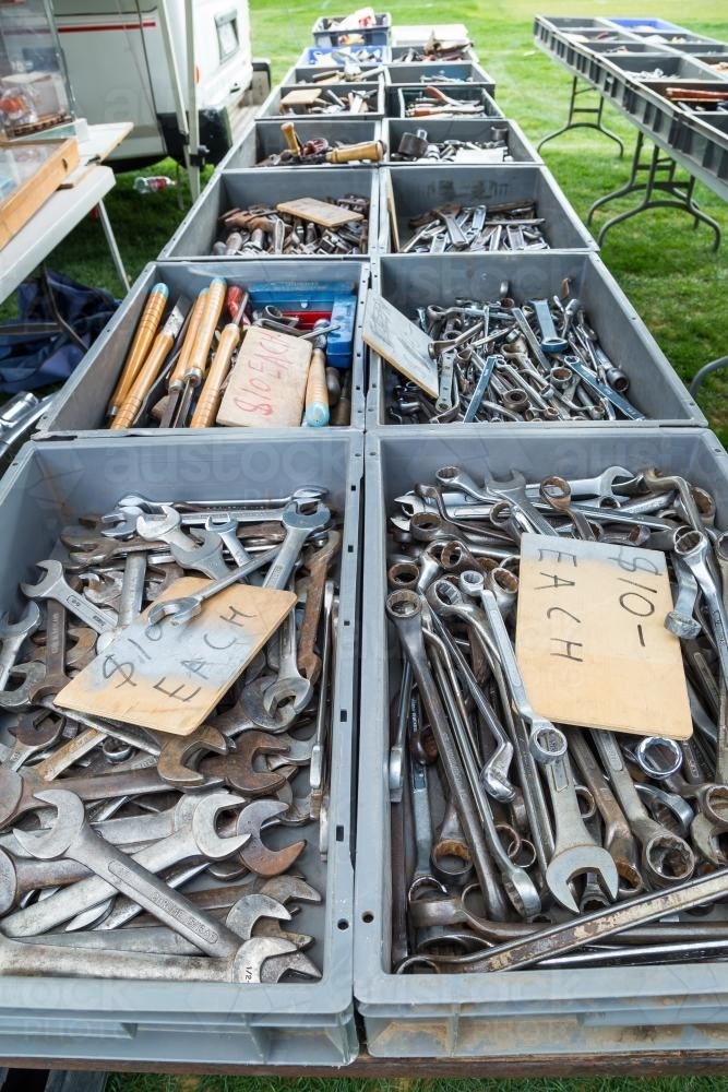 Trays of second hand tools at a swap meet - Australian Stock Image