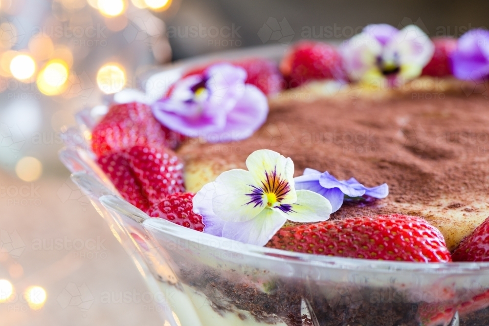 trifle dessert in crystal bowl with fairy lights - Australian Stock Image