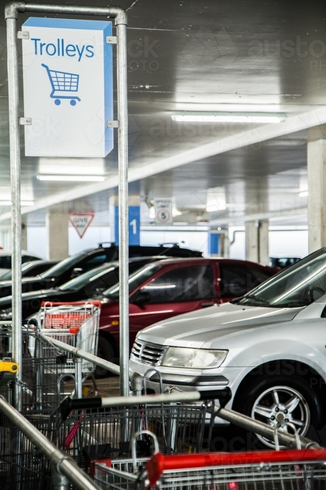 Trolley return bay in the upper level car parking at the shops - Australian Stock Image