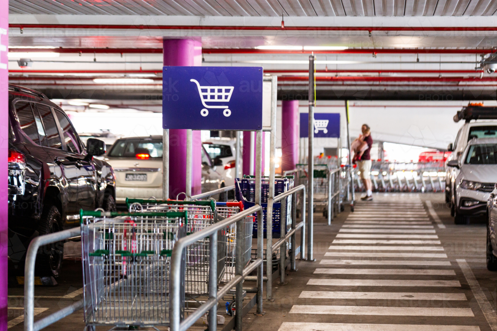 trolley return sign in undercover carpark at large shopping centre - Australian Stock Image