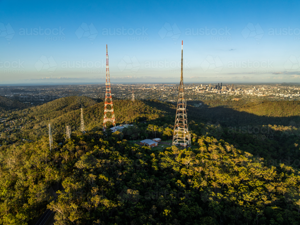 TV towers on hill with Brisbane City behind - Australian Stock Image