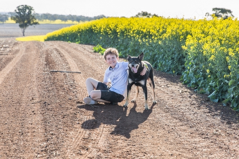 Tween boy sitting on dirt road on farm with arm around kelpie dog near canola field - Australian Stock Image
