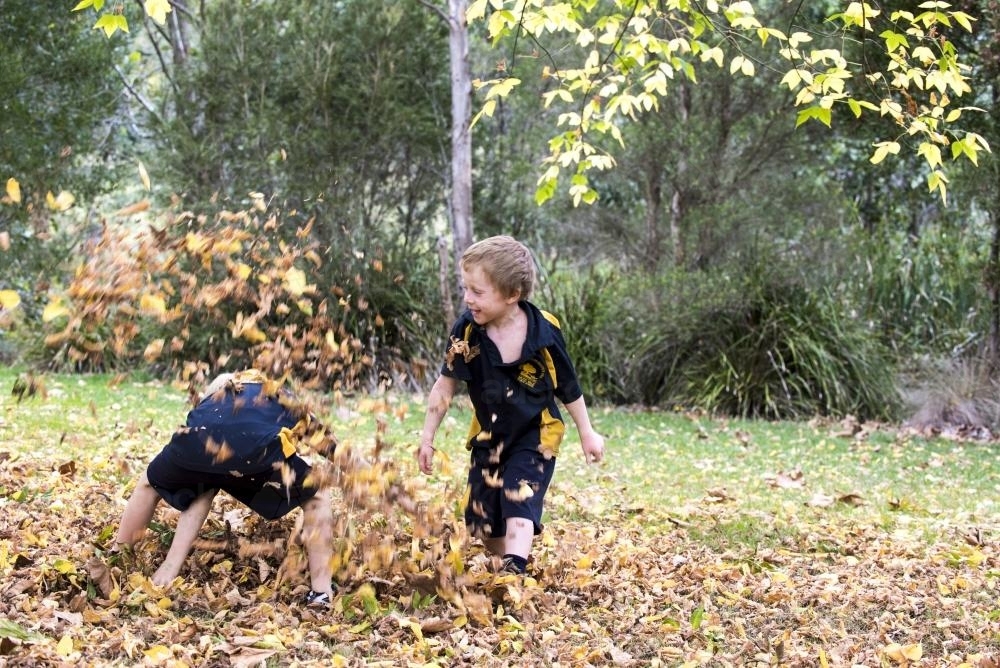 Two boys paying in autumn leaves wearing school uniform - Australian Stock Image