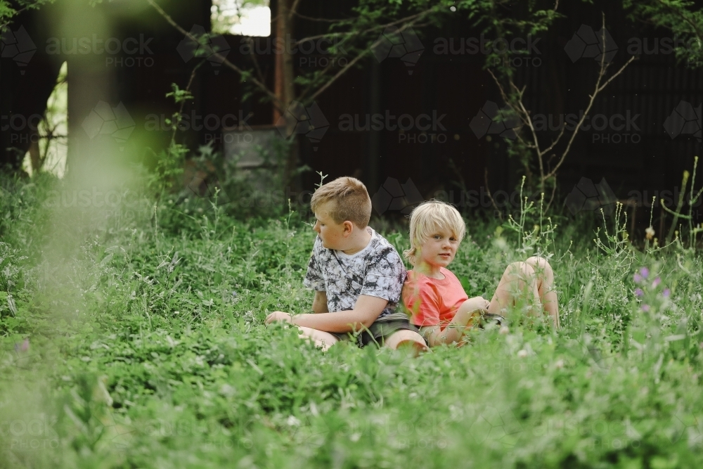 Two brothers sitting together in long grass on farm - Australian Stock Image