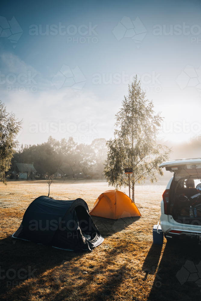 Two camping tents anchored in grassy field surrounded by morning mist - Australian Stock Image
