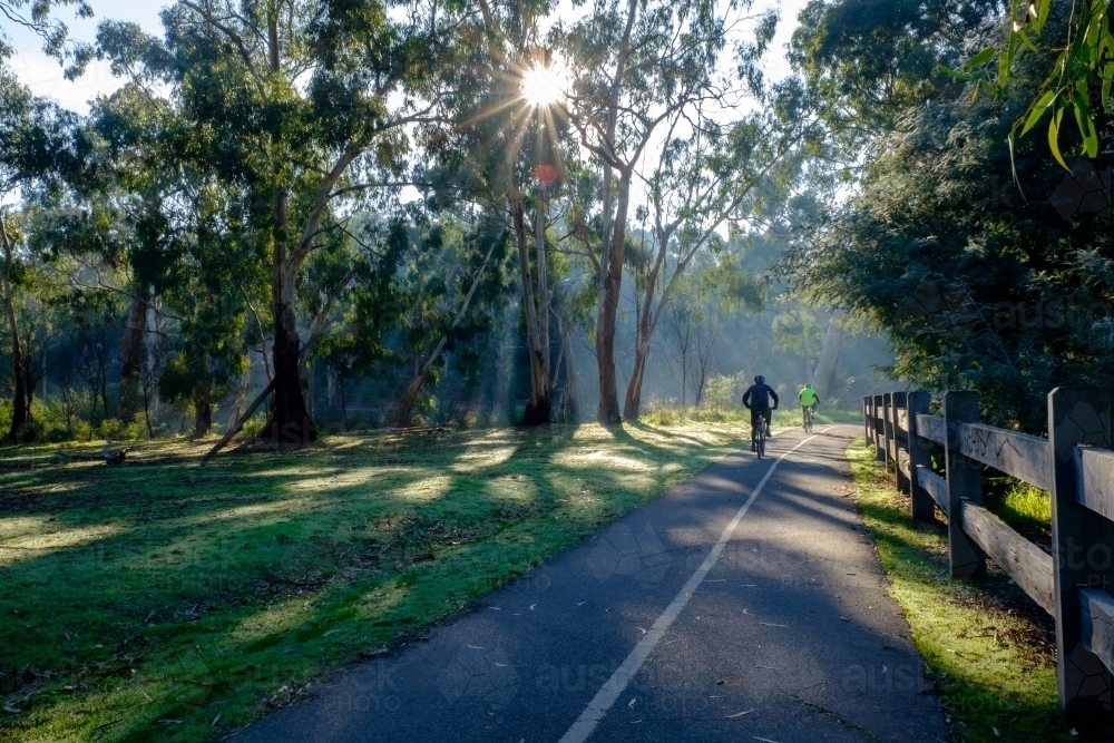 Two Cyclists Riding on Trail, Eltham, Victoria - Australian Stock Image