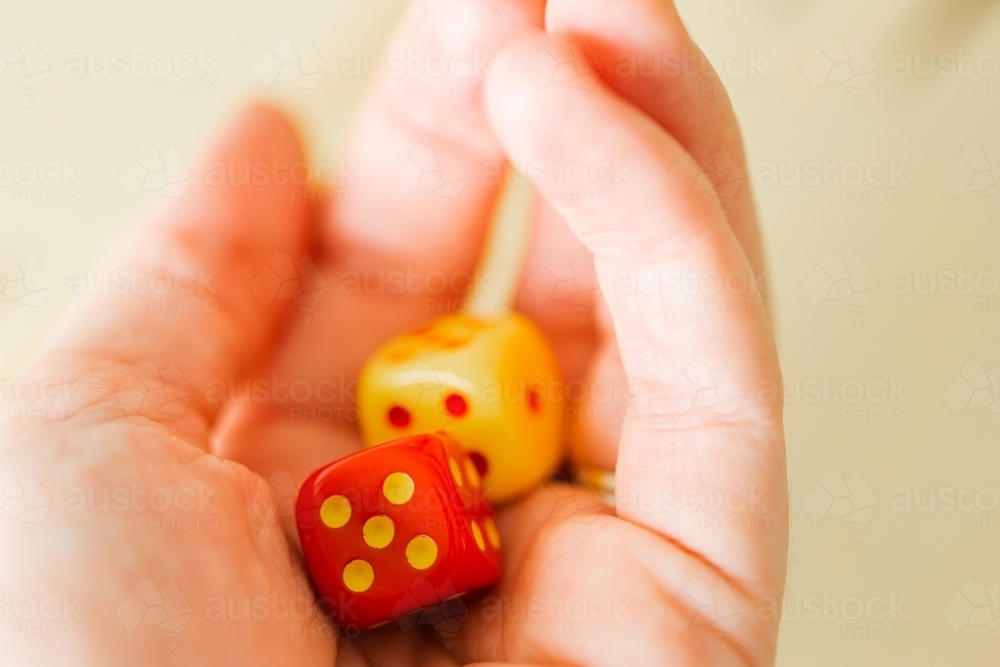 Two dice for indoor board game in hand ready to roll - Australian Stock Image