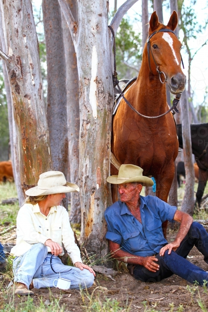 Two drovers and a horse taking a break under a gumtree - Australian Stock Image