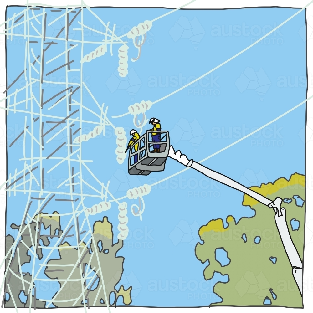 Two electricity workers in cherry picker carrying out maintenance on power lines - Australian Stock Image