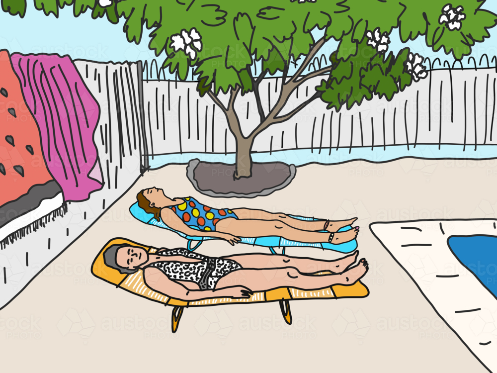 Two females wearing swimsuits lying on easy chairs beside swimming pool - Australian Stock Image